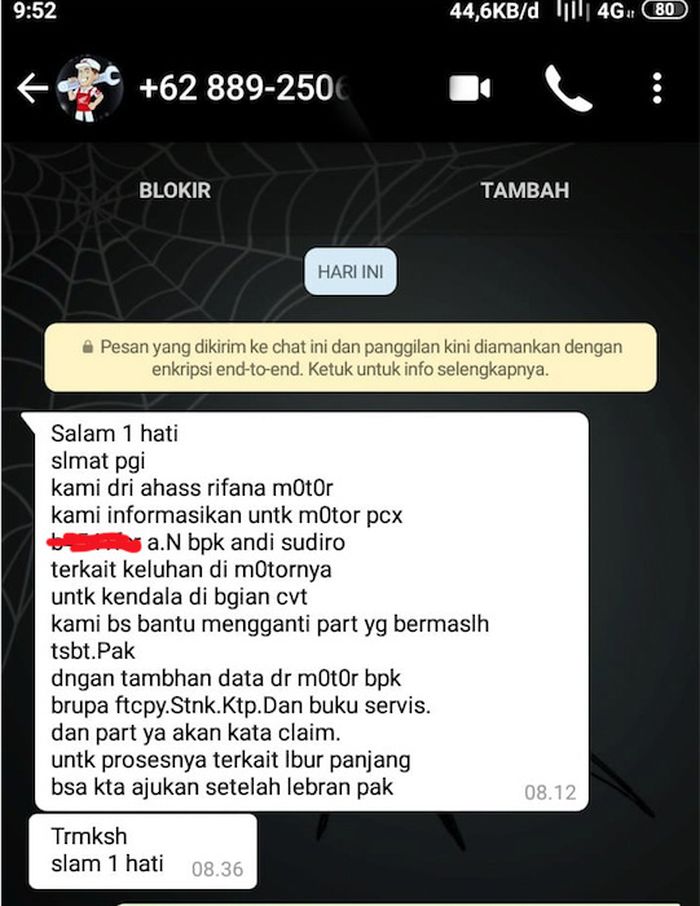 Isi WA dari AHASS Rifana kepada Diro
