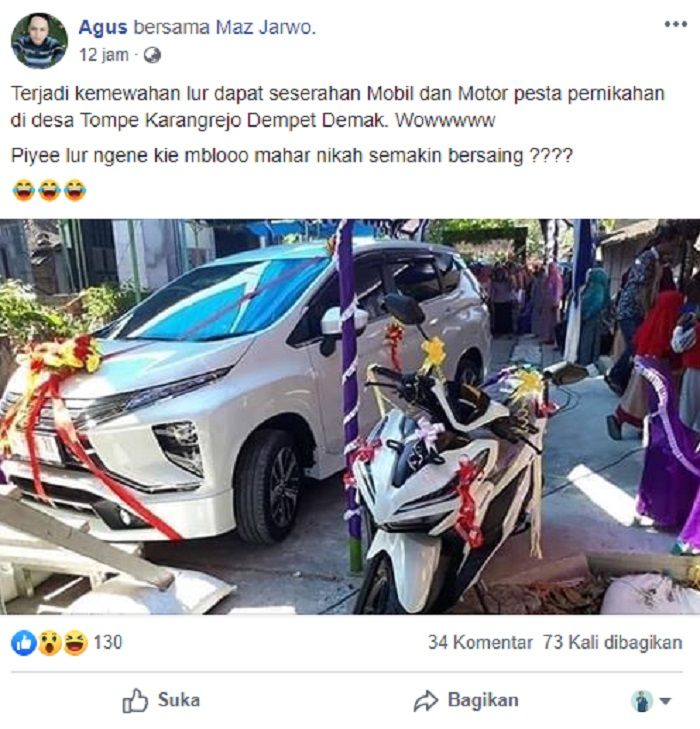 Motor dan mobil jadi mas kawin.