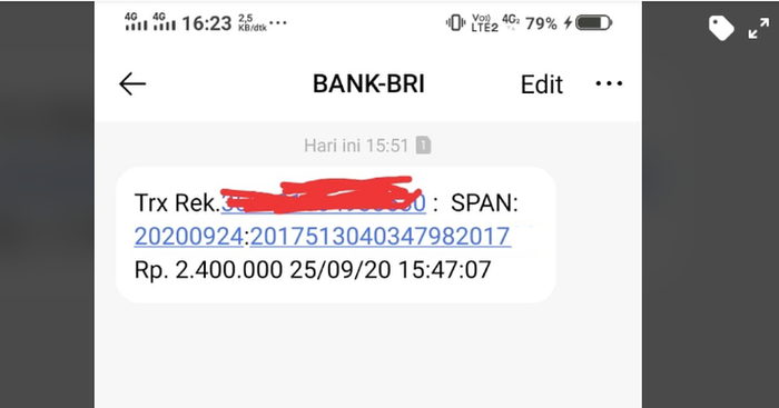 SMS dari Bank BRI bantuan Rp 2,4 juta masuk