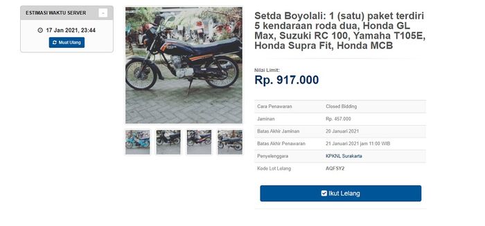 Lelang murah meriah 5 unit motor Honda GL Max, Honda Supra, Honda Win, Suzuki Bravo dan Yamaha Crypton.