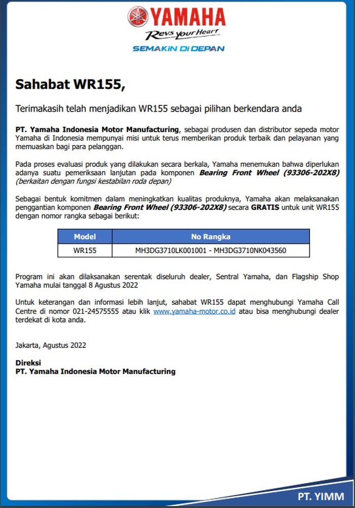 Yamaha Indonesia Resmi Umumkan Recall Untuk Yamaha WR155, Ini Komponen ...