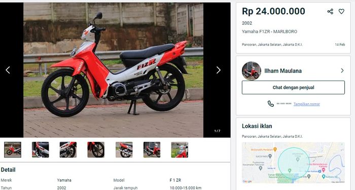 Yamaha F1ZR Marlboro Edition siap dilepas pemiliknya jika ada yang berani nebus Rp 24 juta.