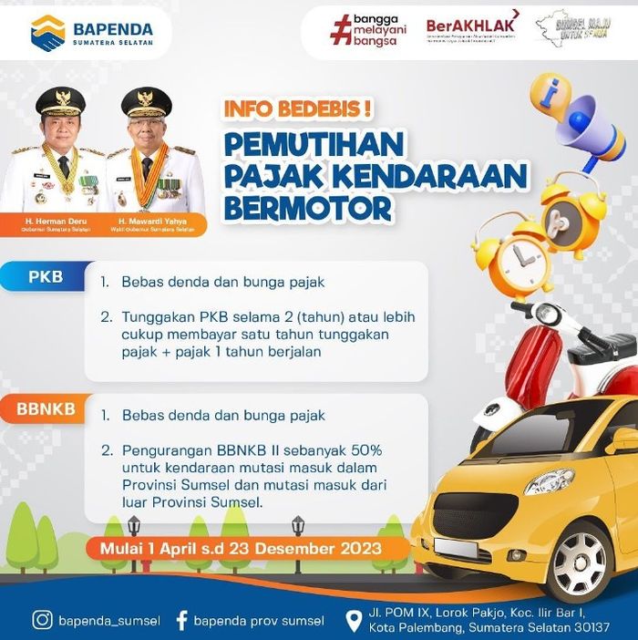 Program pemutihan pajak kendaraan 2023 di Sumatera Selatan sampai 23 Desember 2023.